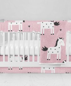 Bumperless Crib Set with Modern Skirt and Modern Rail Covers - Unicorns on Pink