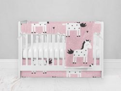 Bumperless Crib Set with Modern Skirt and Modern Rail Covers - Unicorns on Pink