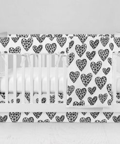 Bumperless Crib Set with Modern Skirt and Modern Rail Covers - Sketched Hearts