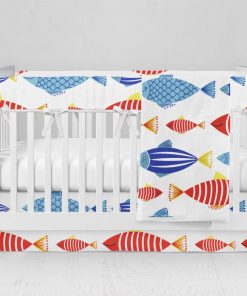 Bumperless Crib Set with Modern Skirt and Modern Rail Covers - Bold Fish