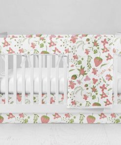 Bumperless Crib Set with Modern Skirt and Modern Rail Covers - Strawberry Sunshine
