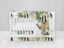 Bumperless Crib Set with Modern Skirt and Modern Rail Covers - Tropical Fish Palm Leaves