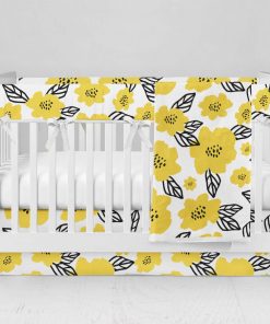 Bumperless Crib Set with Modern Skirt and Modern Rail Covers - Yellow Blossoms