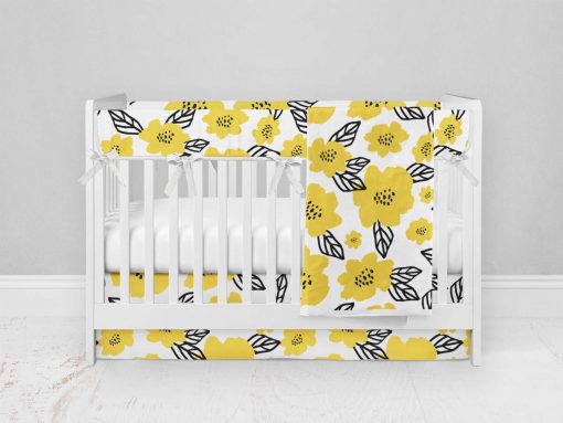 Bumperless Crib Set with Modern Skirt and Modern Rail Covers - Yellow Blossoms