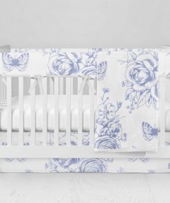 Bumperless Crib Set with Modern Skirt and Modern Rail Covers - Blue Rose Butterfly