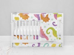 Bumperless Crib Set with Modern Skirt and Modern Rail Covers - Seahorses