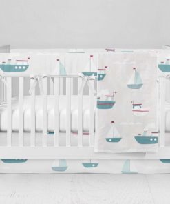 Bumperless Crib Set with Modern Skirt and Modern Rail Covers - Big Boat Small Boat