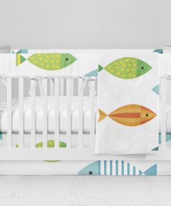 Bumperless Crib Set with Modern Skirt and Modern Rail Covers - Fish & Fancy