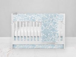Bumperless Crib Set with Modern Skirt and Modern Rail Covers - Blue Illustrated Flowers