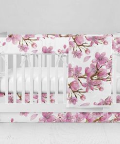 Bumperless Crib Set with Modern Skirt and Modern Rail Covers - Cherry Blossoms