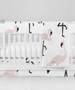 Bumperless Crib Set with Modern Skirt and Modern Rail Covers - Flamingo Dance