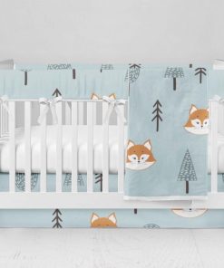 Bumperless Crib Set with Modern Skirt and Modern Rail Covers - Fox in Forest
