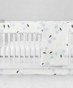Bumperless Crib Set with Modern Skirt and Modern Rail Covers - Baby Blue Flowers