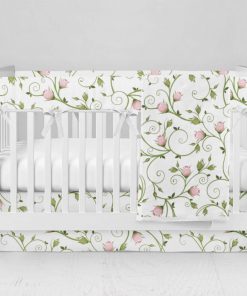 Bumperless Crib Set with Modern Skirt and Modern Rail Covers - Vine and Roses