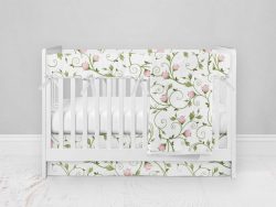 Bumperless Crib Set with Modern Skirt and Modern Rail Covers - Vine and Roses