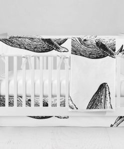 Bumperless Crib Set with Modern Skirt and Modern Rail Covers - Sketched Black & White Whales