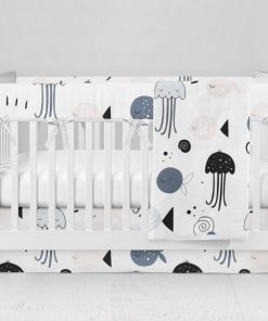 Bumperless Crib Set with Modern Skirt and Modern Rail Covers - Fish & Jellyfish