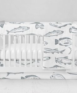 Bumperless Crib Set with Modern Skirt and Modern Rail Covers - Fish Find