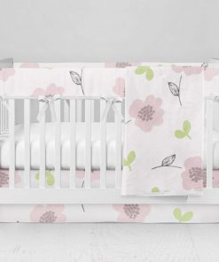 Bumperless Crib Set with Modern Skirt and Modern Rail Covers - Dainty Pink Flowers