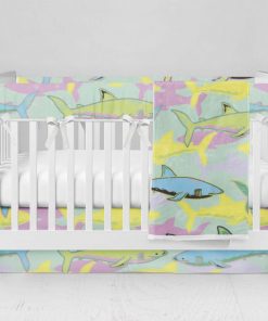 Bumperless Crib Set with Modern Skirt and Modern Rail Covers - Bright Shark
