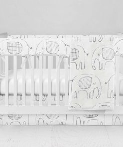 Bumperless Crib Set with Modern Skirt and Modern Rail Covers - Elephant Sketch