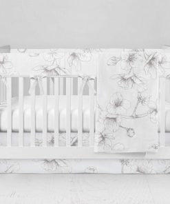Bumperless Crib Set with Modern Skirt and Modern Rail Covers - Soft Floral Sky