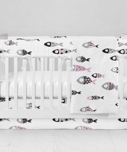 Bumperless Crib Set with Modern Skirt and Modern Rail Covers - Fish Pink