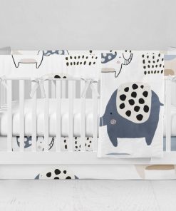 Bumperless Crib Set with Modern Skirt and Modern Rail Covers - Elephant March