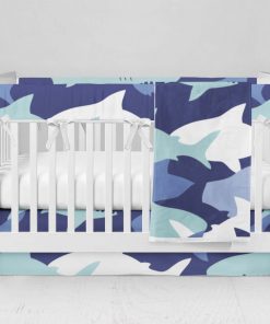 Bumperless Crib Set with Modern Skirt and Modern Rail Covers - Shark Sea