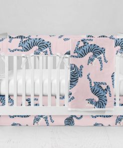 Bumperless Crib Set with Modern Skirt and Modern Rail Covers - Blue & Pink Tigers