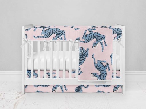 Bumperless Crib Set with Modern Skirt and Modern Rail Covers - Blue & Pink Tigers