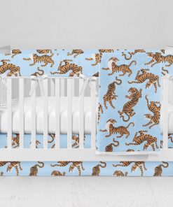 Bumperless Crib Set with Modern Skirt and Modern Rail Covers - Blue & Yellow Tigers