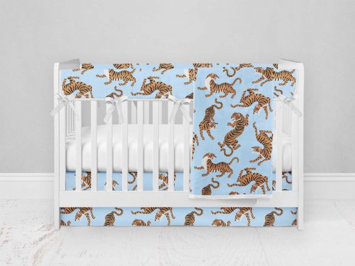 Bumperless Crib Set with Modern Skirt and Modern Rail Covers - Blue & Yellow Tigers