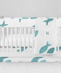 Bumperless Crib Set with Modern Skirt and Modern Rail Covers - Two Blue Fish