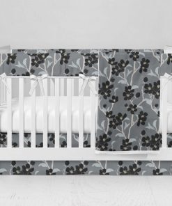 Bumperless Crib Set with Modern Skirt and Modern Rail Covers - Baby Black Blooms