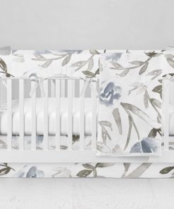 Bumperless Crib Set with Modern Skirt and Modern Rail Covers - Blue Watercolor Blooms
