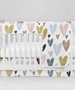 Bumperless Crib Set with Modern Skirt and Modern Rail Covers - Gold Hearts