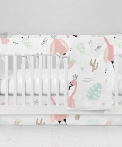 Bumperless Crib Set with Modern Skirt and Modern Rail Covers - Flamingo & Leaves