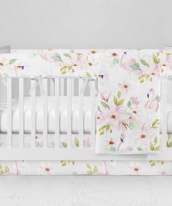 Bumperless Crib Set with Modern Skirt and Modern Rail Covers - Floral Flamingo