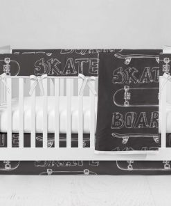 Bumperless Crib Set with Modern Skirt and Modern Rail Covers - Skateboard Sketch Black