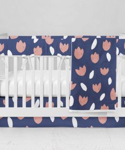 Bumperless Crib Set with Modern Skirt and Modern Rail Covers - Tulip on Blue