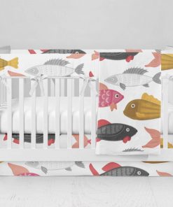 Bumperless Crib Set with Modern Skirt and Modern Rail Covers - Small Fish