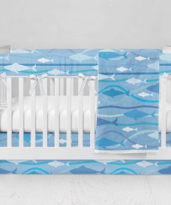 Bumperless Crib Set with Modern Skirt and Modern Rail Covers - Blue Fish