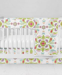 Bumperless Crib Set with Modern Skirt and Modern Rail Covers - Bright Paisley