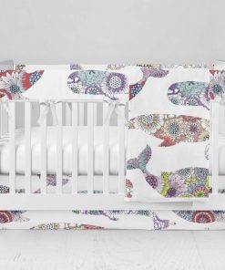 Bumperless Crib Set with Modern Skirt and Modern Rail Covers - Floral Whales