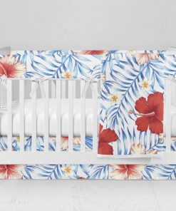 Bumperless Crib Set with Modern Skirt and Modern Rail Covers - Bright Blue Leaves