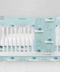 Bumperless Crib Set with Modern Skirt and Modern Rail Covers - Boating Blue