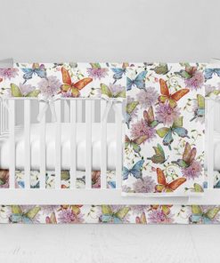 Bumperless Crib Set with Modern Skirt and Modern Rail Covers - Butterflies Watercolor