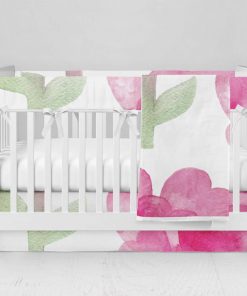 Bumperless Crib Set with Modern Skirt and Modern Rail Covers - Watercolor Heart Flowers