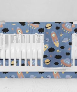 Bumperless Crib Set with Modern Skirt and Modern Rail Covers - Space Blue